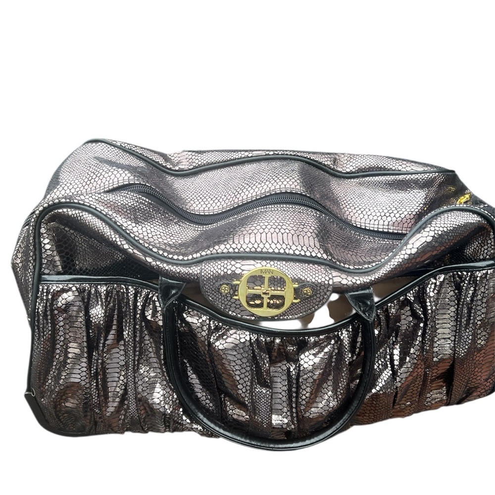 Iman Rolling Duffel Bag Luggage Travel Patent Leather Handle Designer